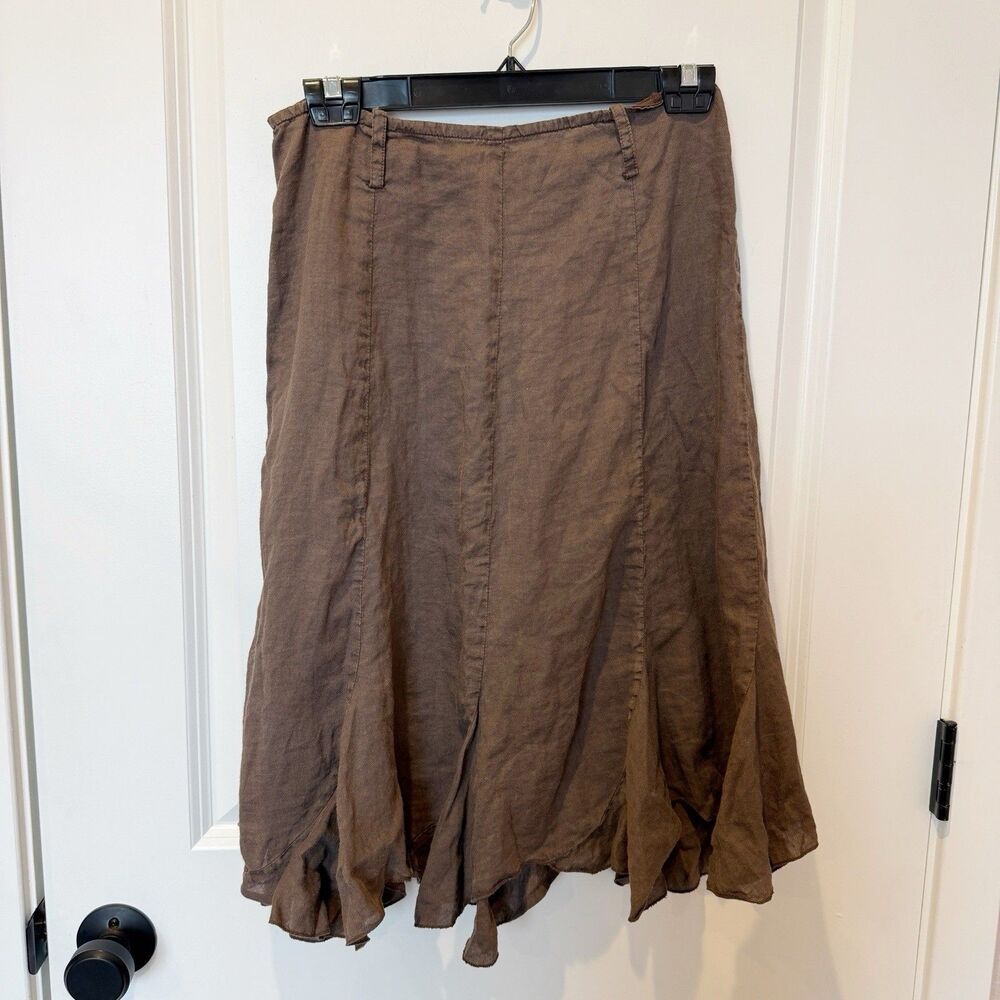 Puro Lino Womens Linen Midi Skirt Large Italy Luxury Old Money‎ Pleated Ruffle